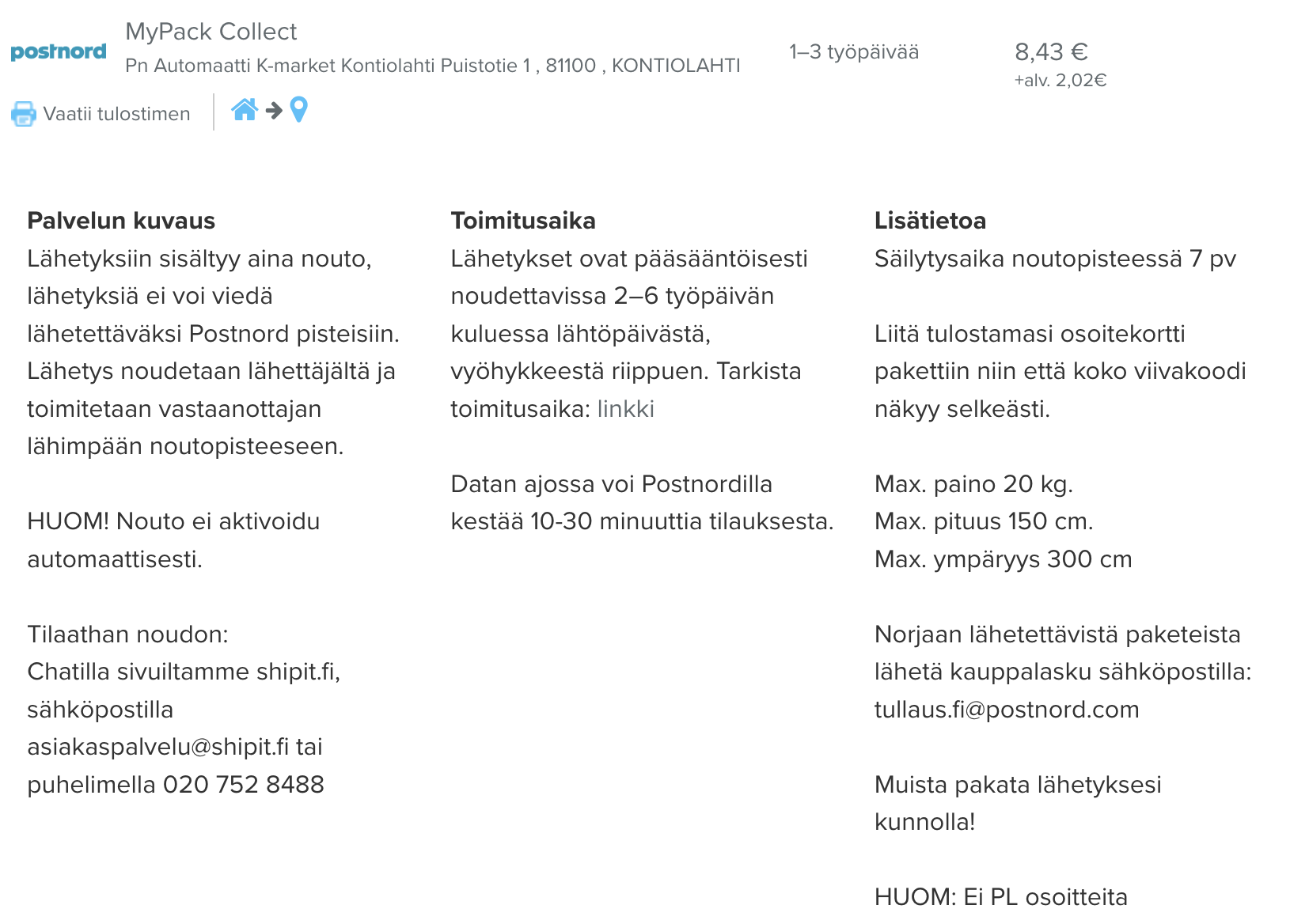 Toimitusvaihtoehtokuvaus Shipit.fi