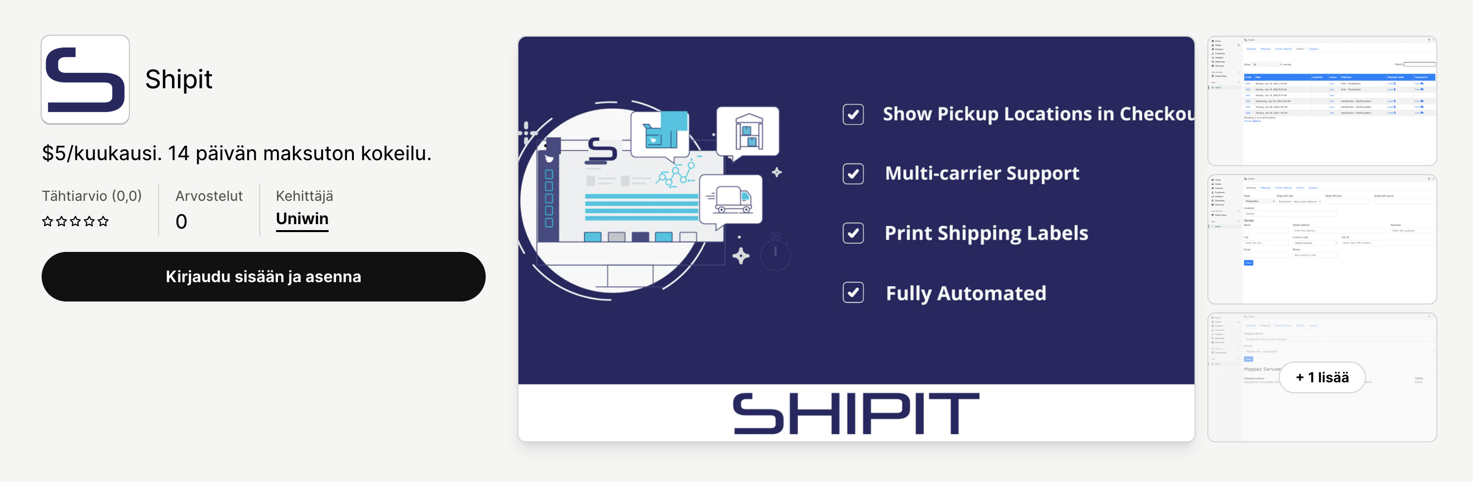 Uniwin Shipit lisäosa Shopify verkkokauppaan | Shipit.fi